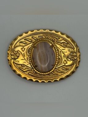 Vintage 1970s Gold Tone Belt Buckle Natural Agate Stone Western Boho Statement